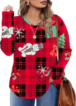 Rapbin Plus Size Tops for Women Long Sleeve Shirts V Neck Sweater Floral Blouses 2024 XL-5XL