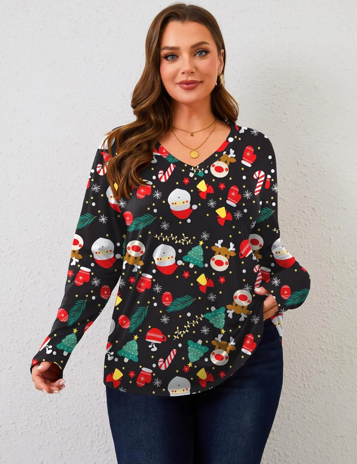 Rapbin Plus Size Tops for Women Long Sleeve Shirts V Neck Sweater Floral Blouses 2024 XL-5XL