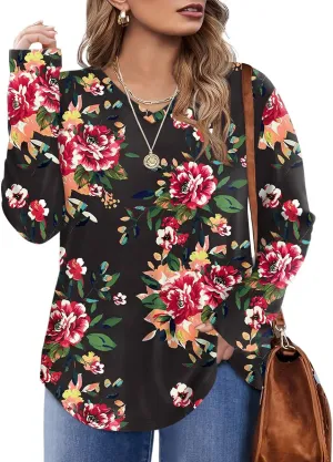 Rapbin Plus Size Tops for Women Long Sleeve Shirts V Neck Sweater Floral Blouses 2024 XL-5XL