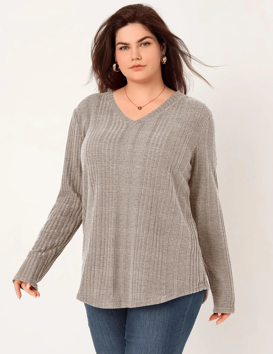 Rapbin Plus Size Tops for Women Long Sleeve Shirts V Neck Sweater Floral Blouses 2024 XL-5XL