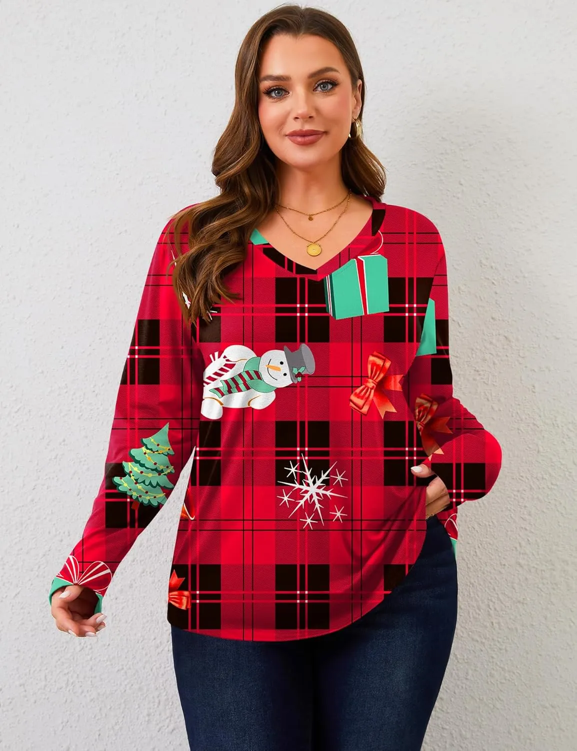 Rapbin Plus Size Tops for Women Long Sleeve Shirts V Neck Sweater Floral Blouses 2024 XL-5XL