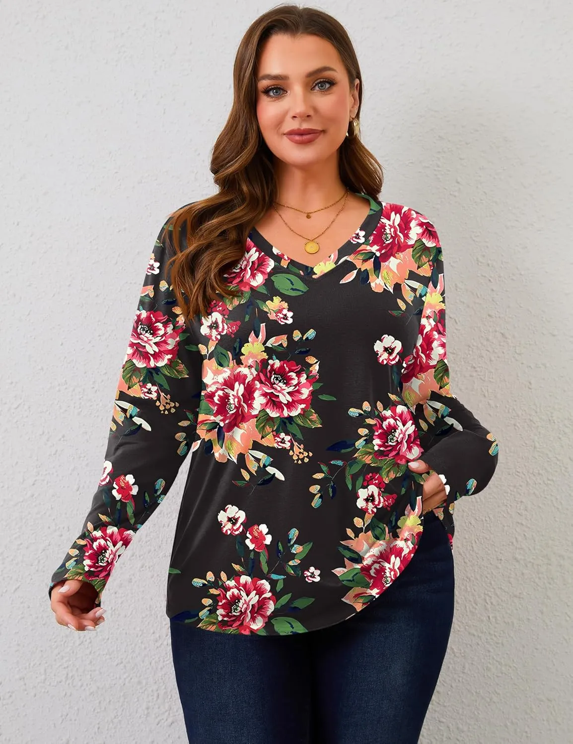 Rapbin Plus Size Tops for Women Long Sleeve Shirts V Neck Sweater Floral Blouses 2024 XL-5XL