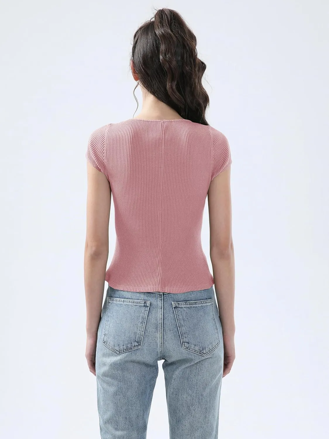 Ribbed Button Down T Shirts for Women Short Sleeve Going Out Tops Cropped Fitted Knit Blouses