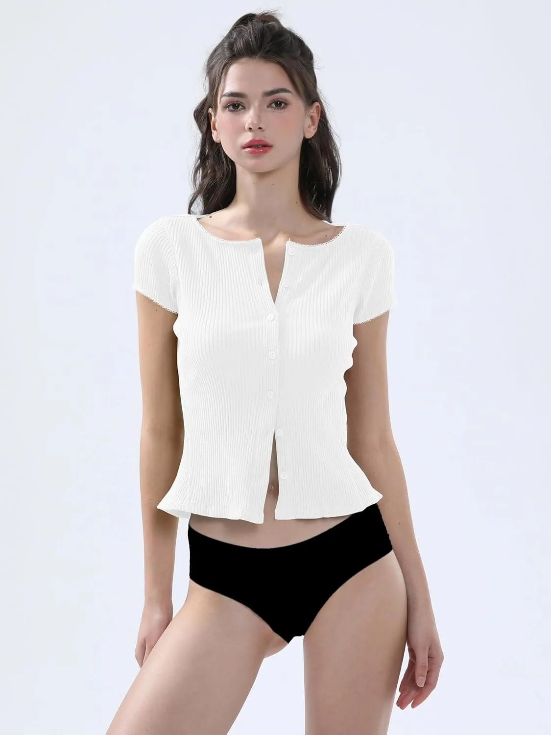 Ribbed Button Down T Shirts for Women Short Sleeve Going Out Tops Cropped Fitted Knit Blouses