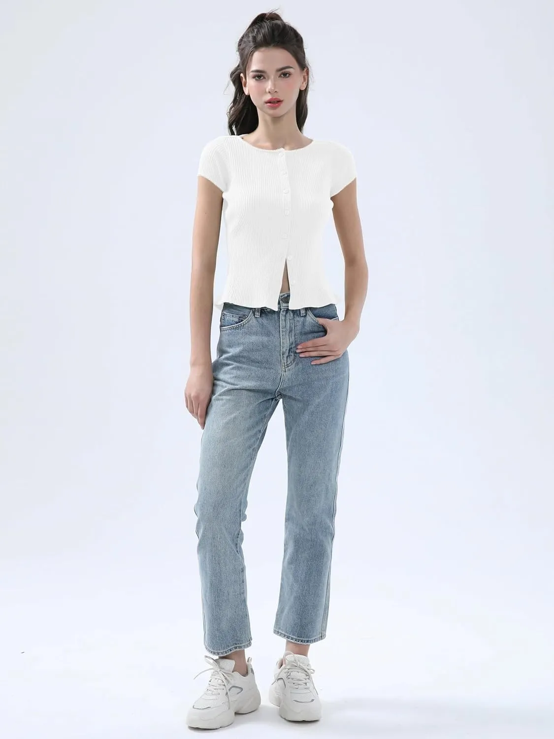 Ribbed Button Down T Shirts for Women Short Sleeve Going Out Tops Cropped Fitted Knit Blouses