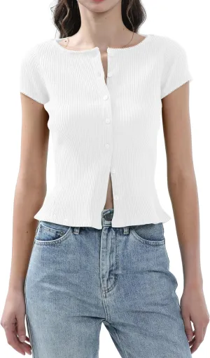 Ribbed Button Down T Shirts for Women Short Sleeve Going Out Tops Cropped Fitted Knit Blouses