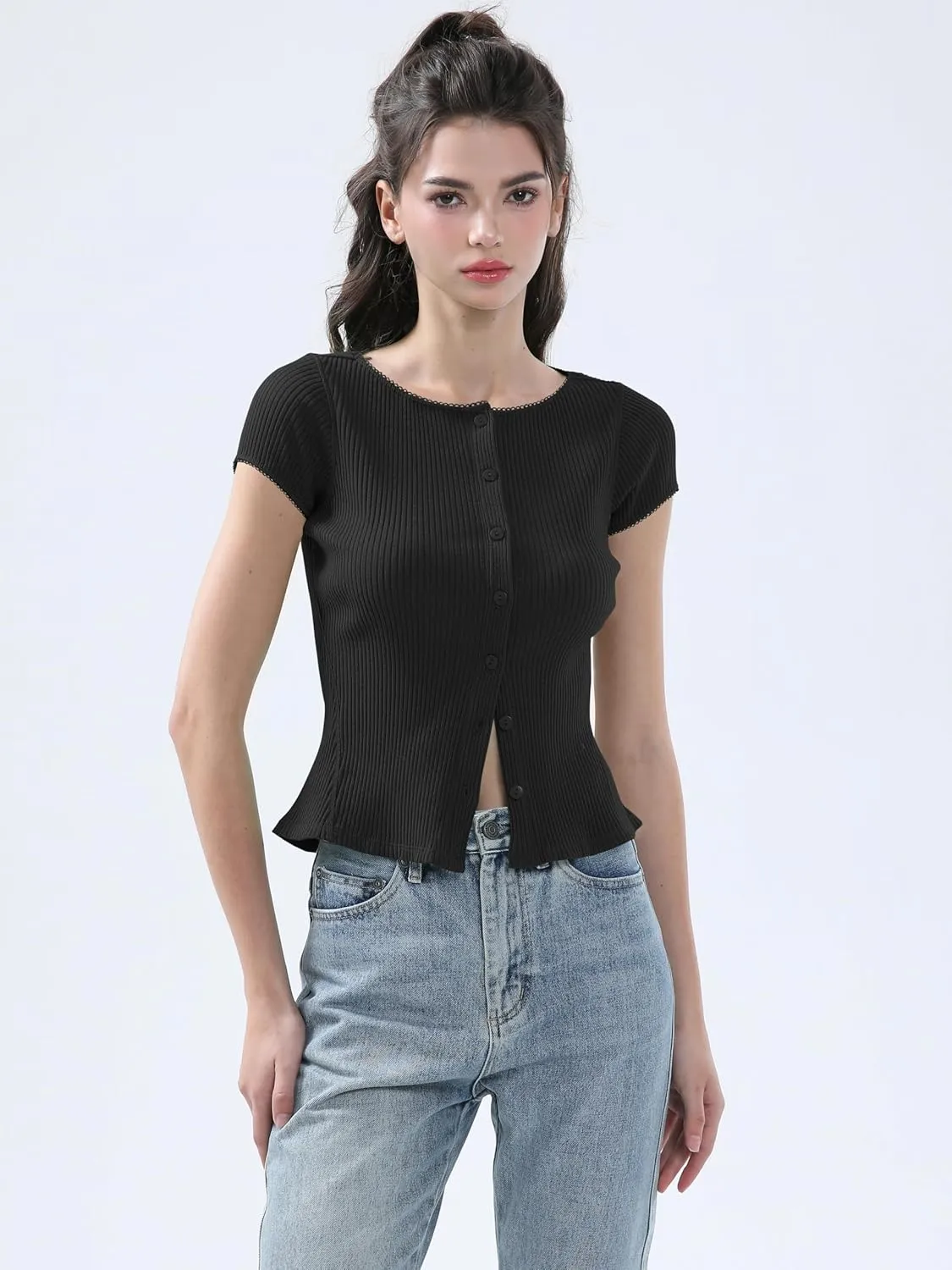 Ribbed Button Down T Shirts for Women Short Sleeve Going Out Tops Cropped Fitted Knit Blouses