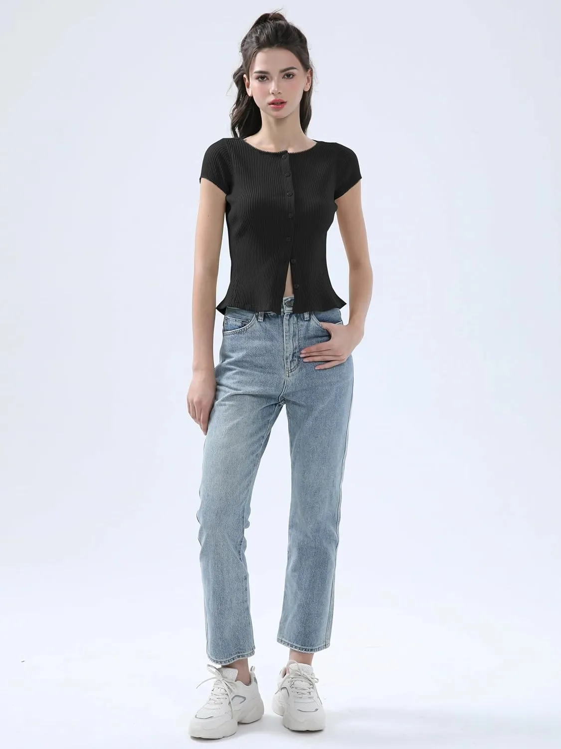 Ribbed Button Down T Shirts for Women Short Sleeve Going Out Tops Cropped Fitted Knit Blouses
