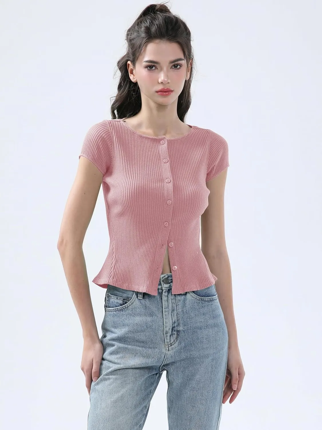 Ribbed Button Down T Shirts for Women Short Sleeve Going Out Tops Cropped Fitted Knit Blouses