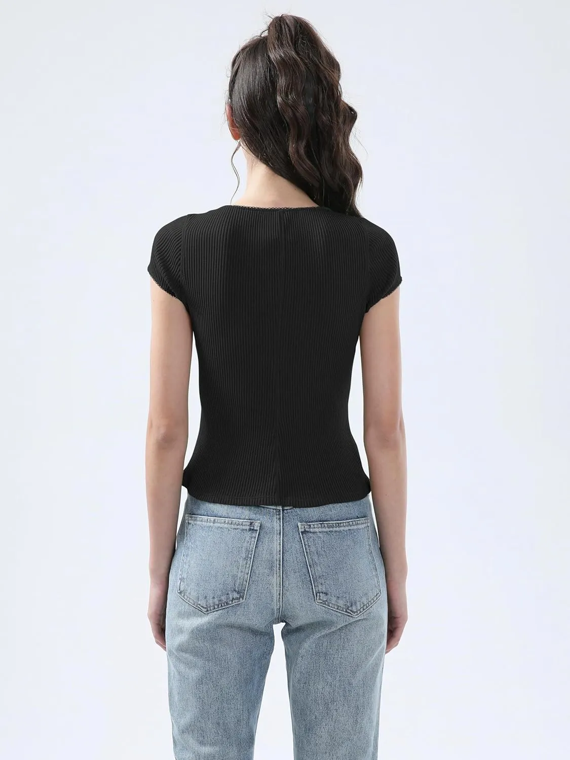 Ribbed Button Down T Shirts for Women Short Sleeve Going Out Tops Cropped Fitted Knit Blouses