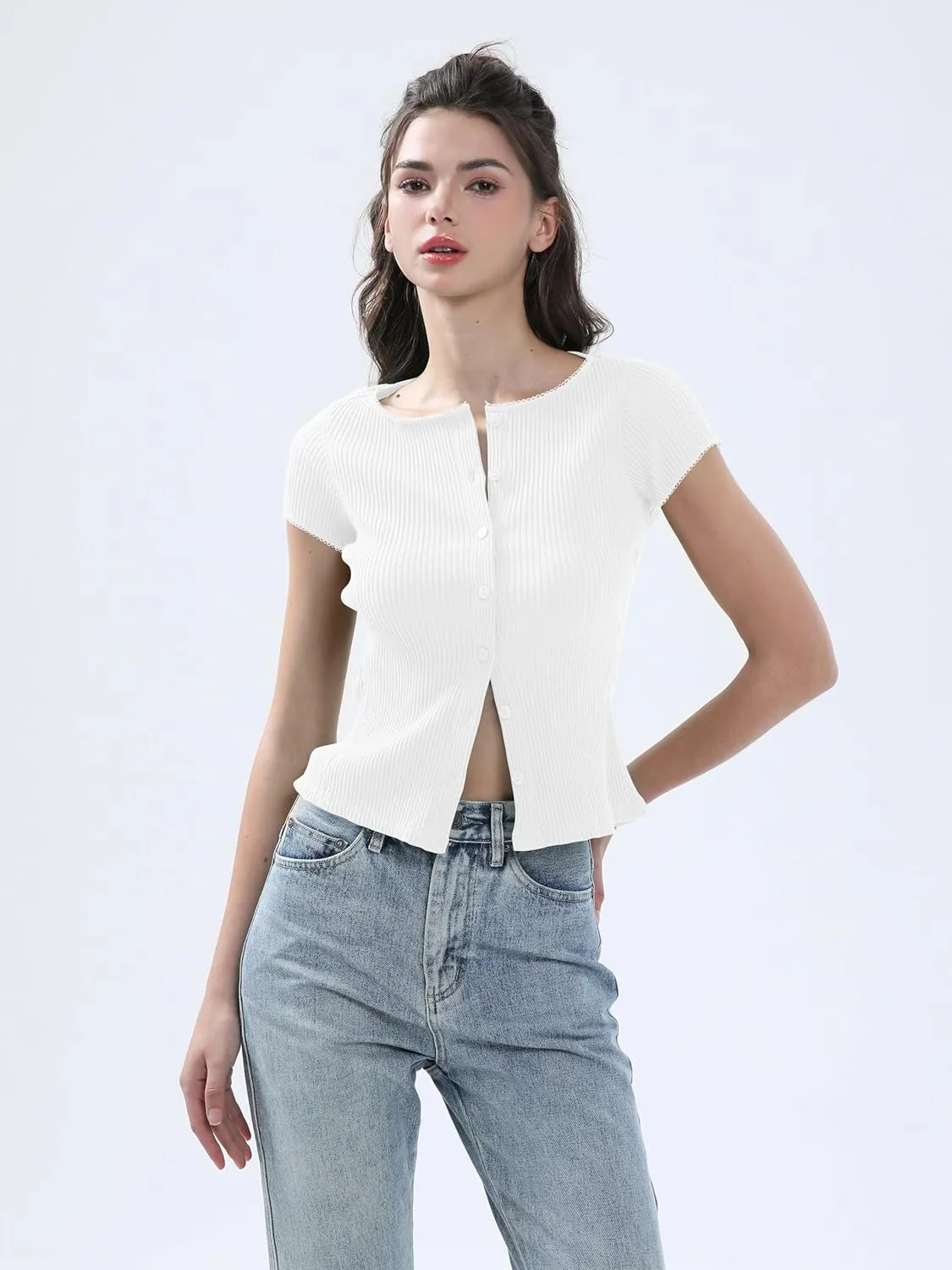 Ribbed Button Down T Shirts for Women Short Sleeve Going Out Tops Cropped Fitted Knit Blouses