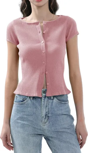 Ribbed Button Down T Shirts for Women Short Sleeve Going Out Tops Cropped Fitted Knit Blouses