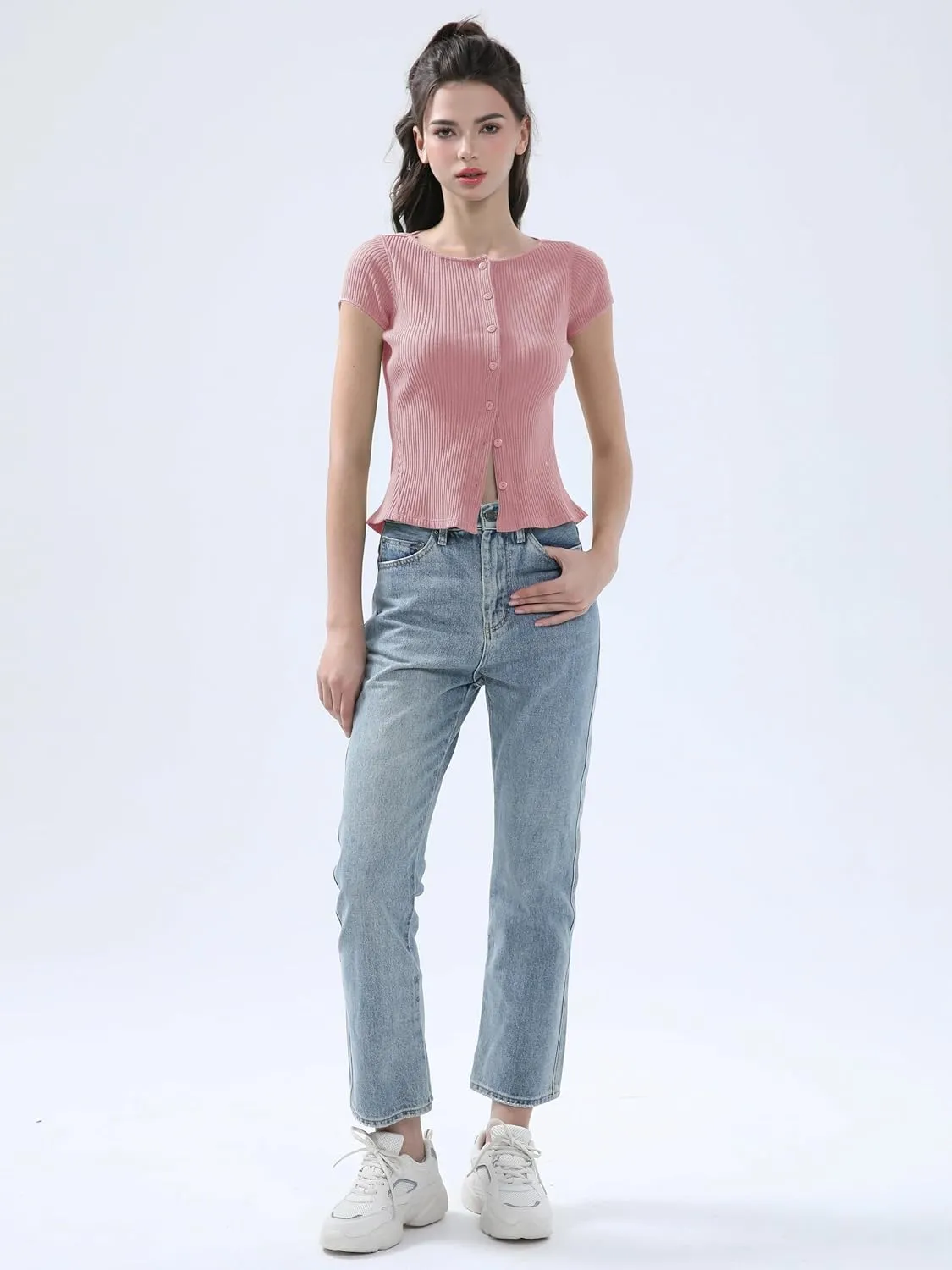 Ribbed Button Down T Shirts for Women Short Sleeve Going Out Tops Cropped Fitted Knit Blouses