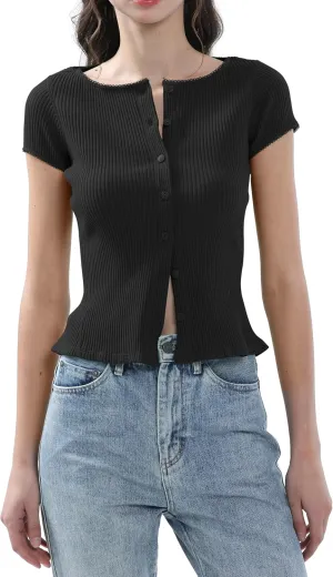 Ribbed Button Down T Shirts for Women Short Sleeve Going Out Tops Cropped Fitted Knit Blouses