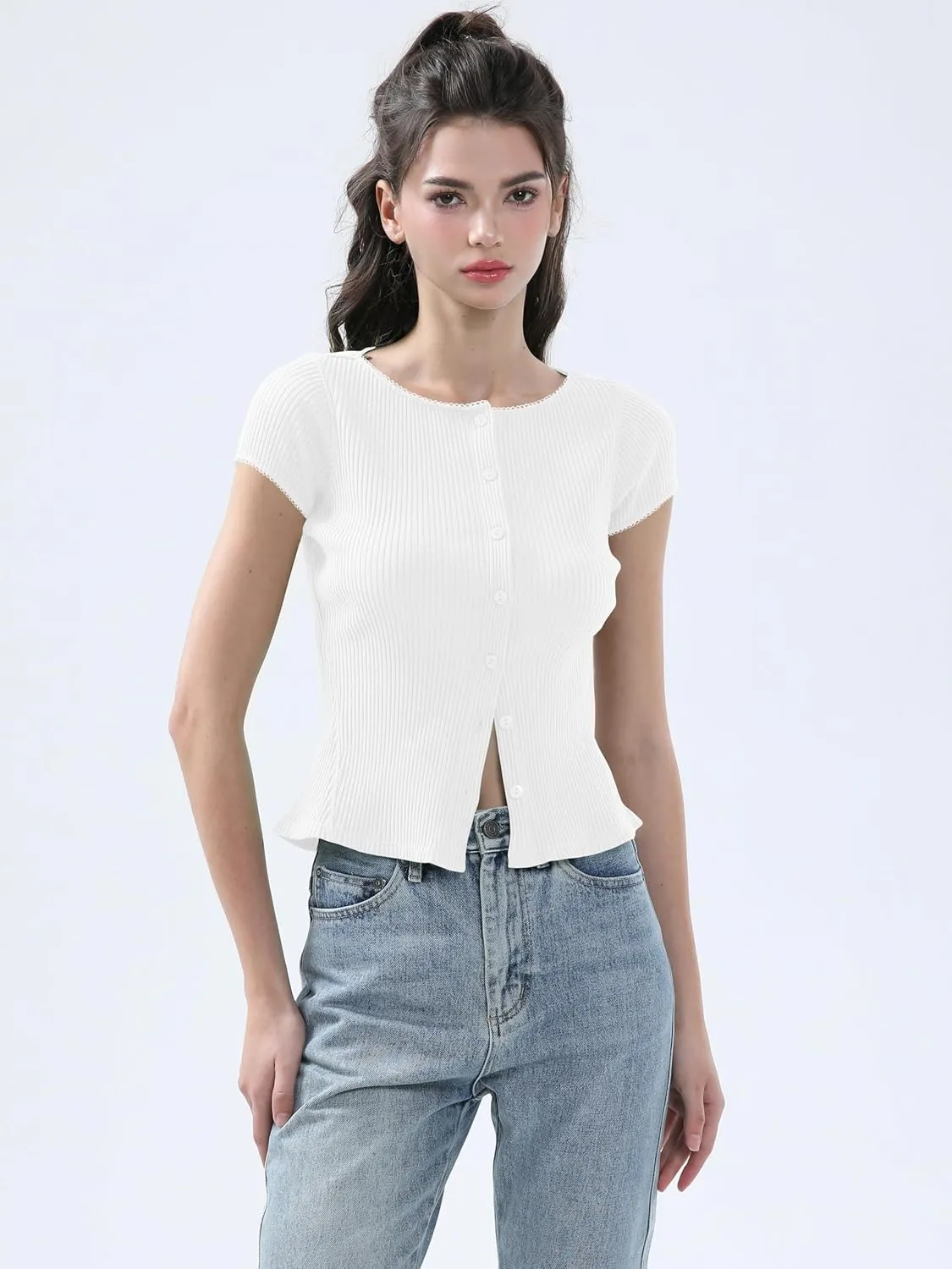 Ribbed Button Down T Shirts for Women Short Sleeve Going Out Tops Cropped Fitted Knit Blouses
