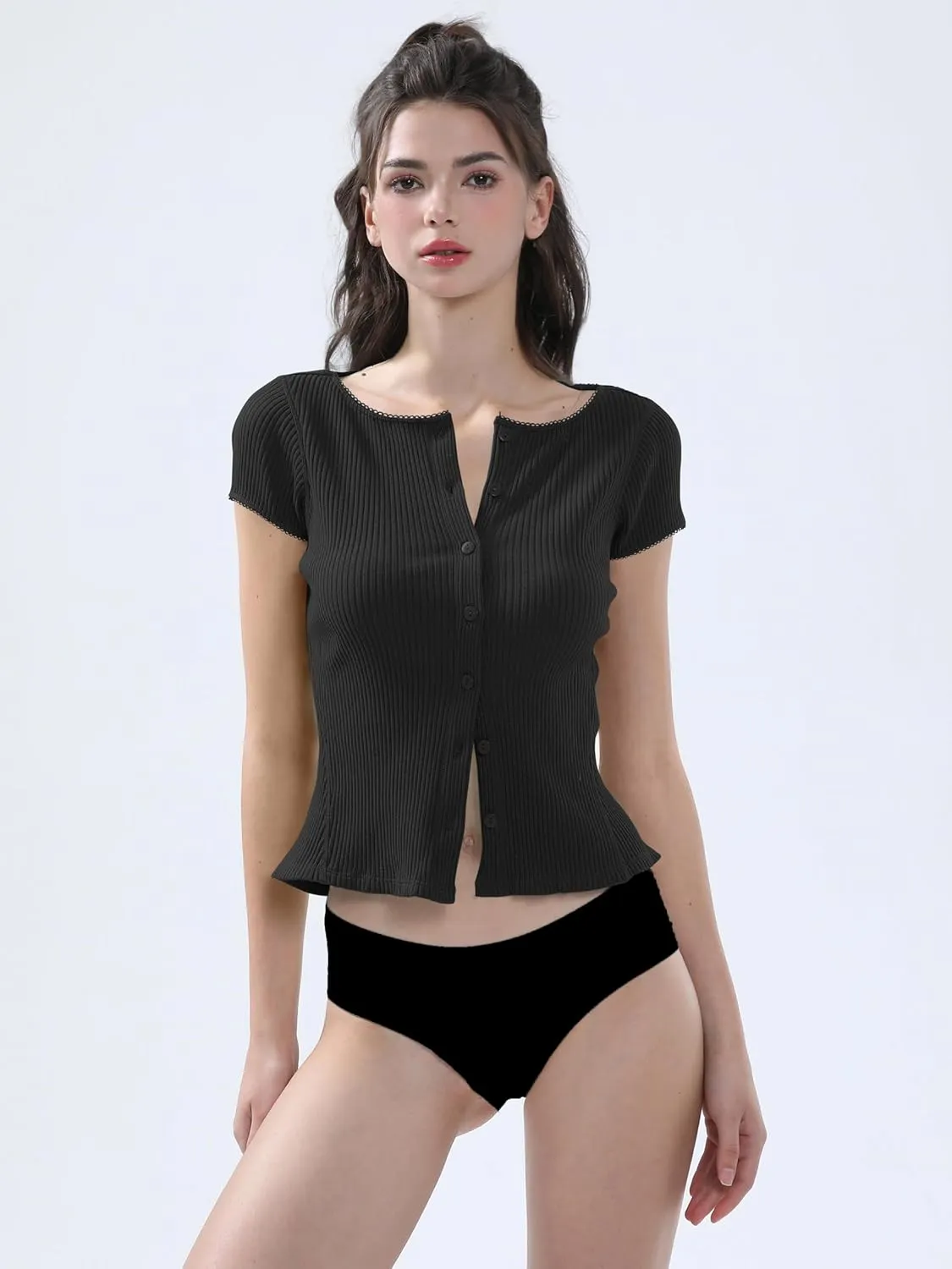 Ribbed Button Down T Shirts for Women Short Sleeve Going Out Tops Cropped Fitted Knit Blouses