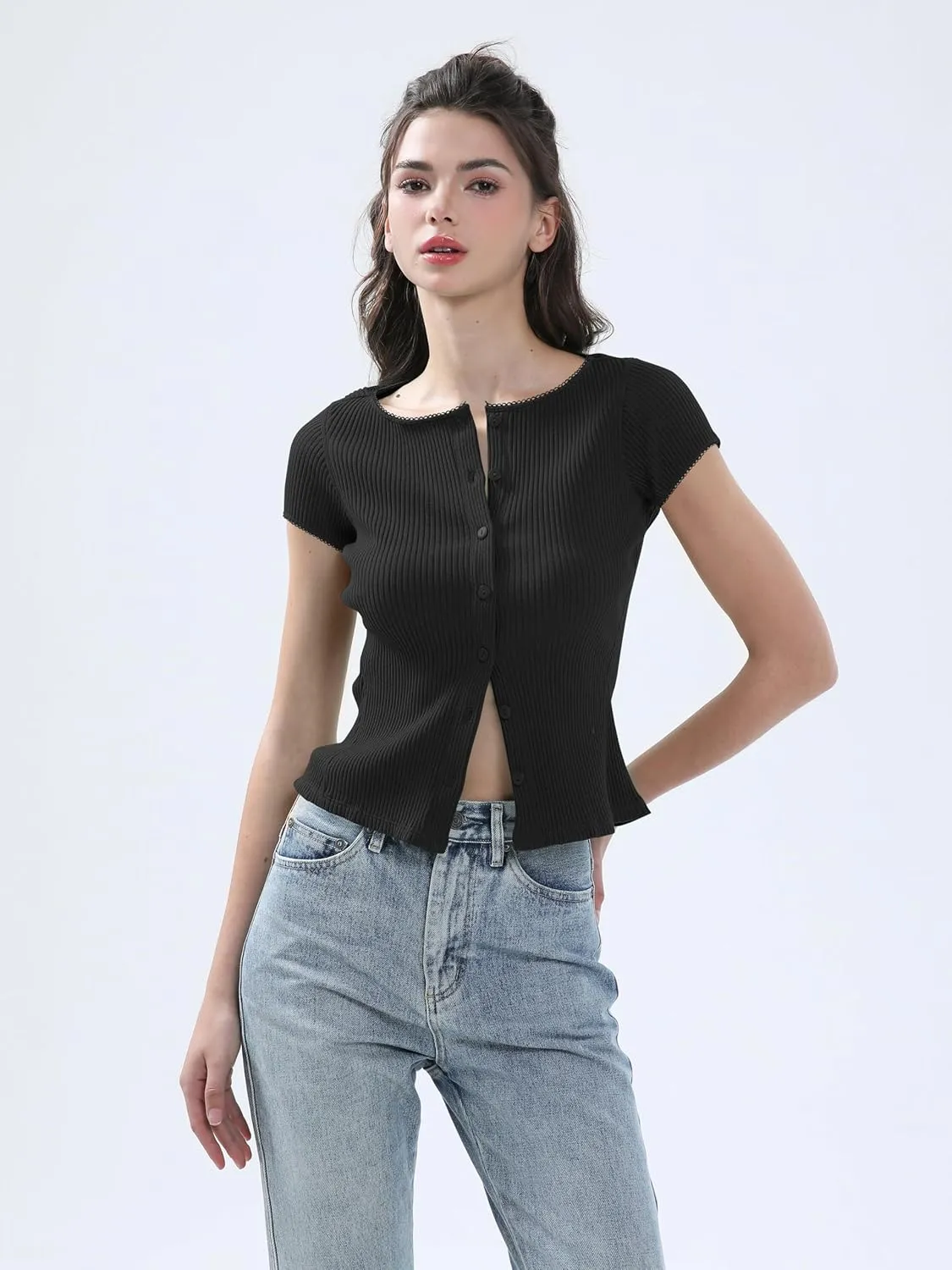 Ribbed Button Down T Shirts for Women Short Sleeve Going Out Tops Cropped Fitted Knit Blouses