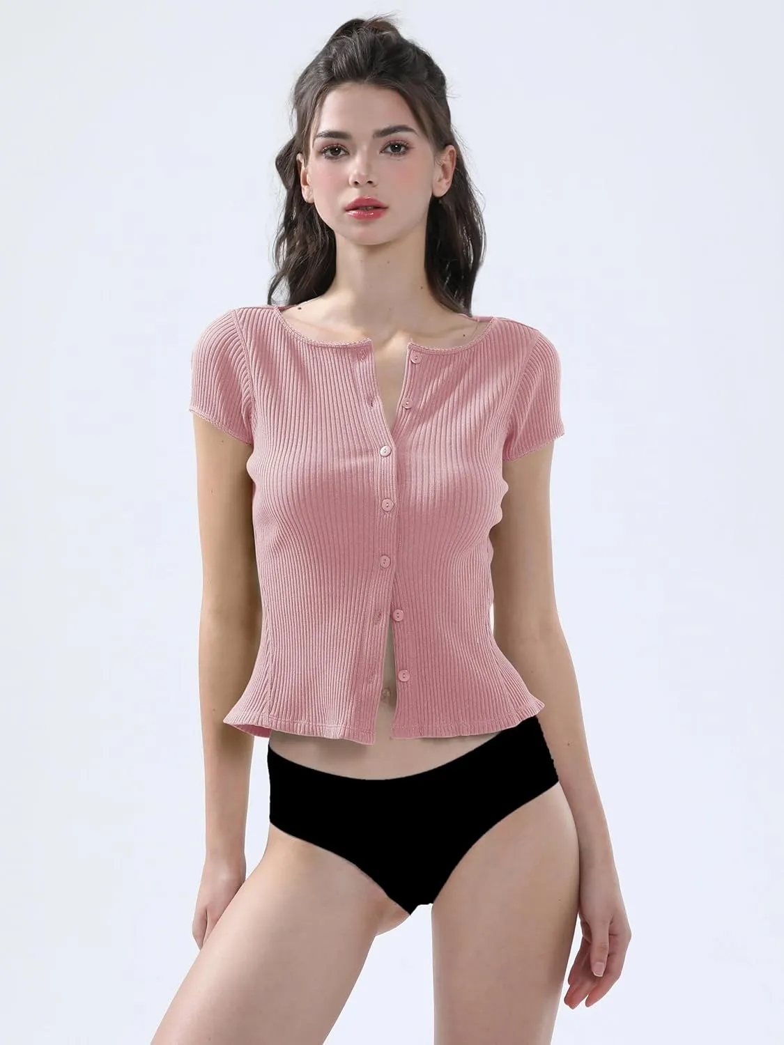 Ribbed Button Down T Shirts for Women Short Sleeve Going Out Tops Cropped Fitted Knit Blouses