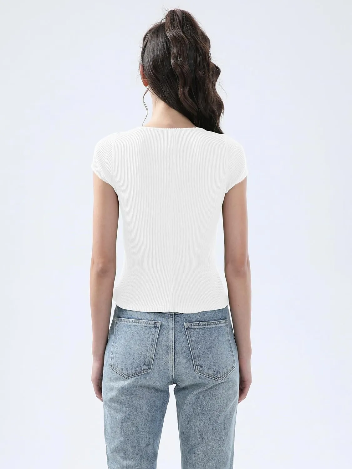 Ribbed Button Down T Shirts for Women Short Sleeve Going Out Tops Cropped Fitted Knit Blouses