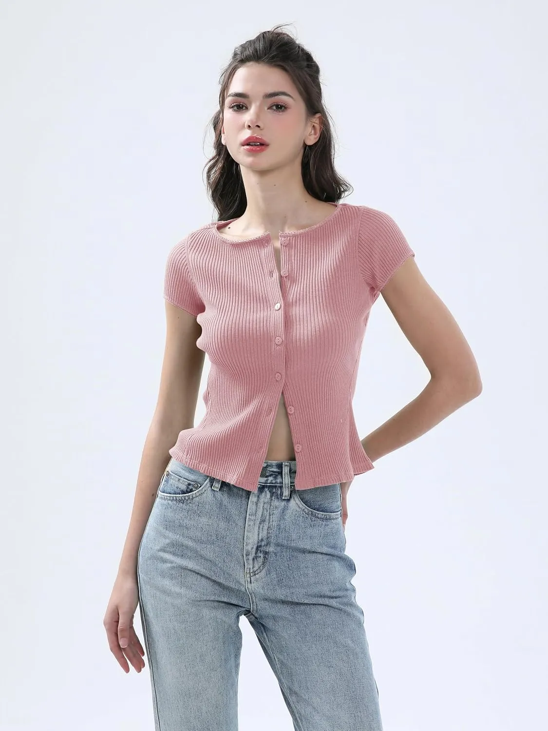 Ribbed Button Down T Shirts for Women Short Sleeve Going Out Tops Cropped Fitted Knit Blouses