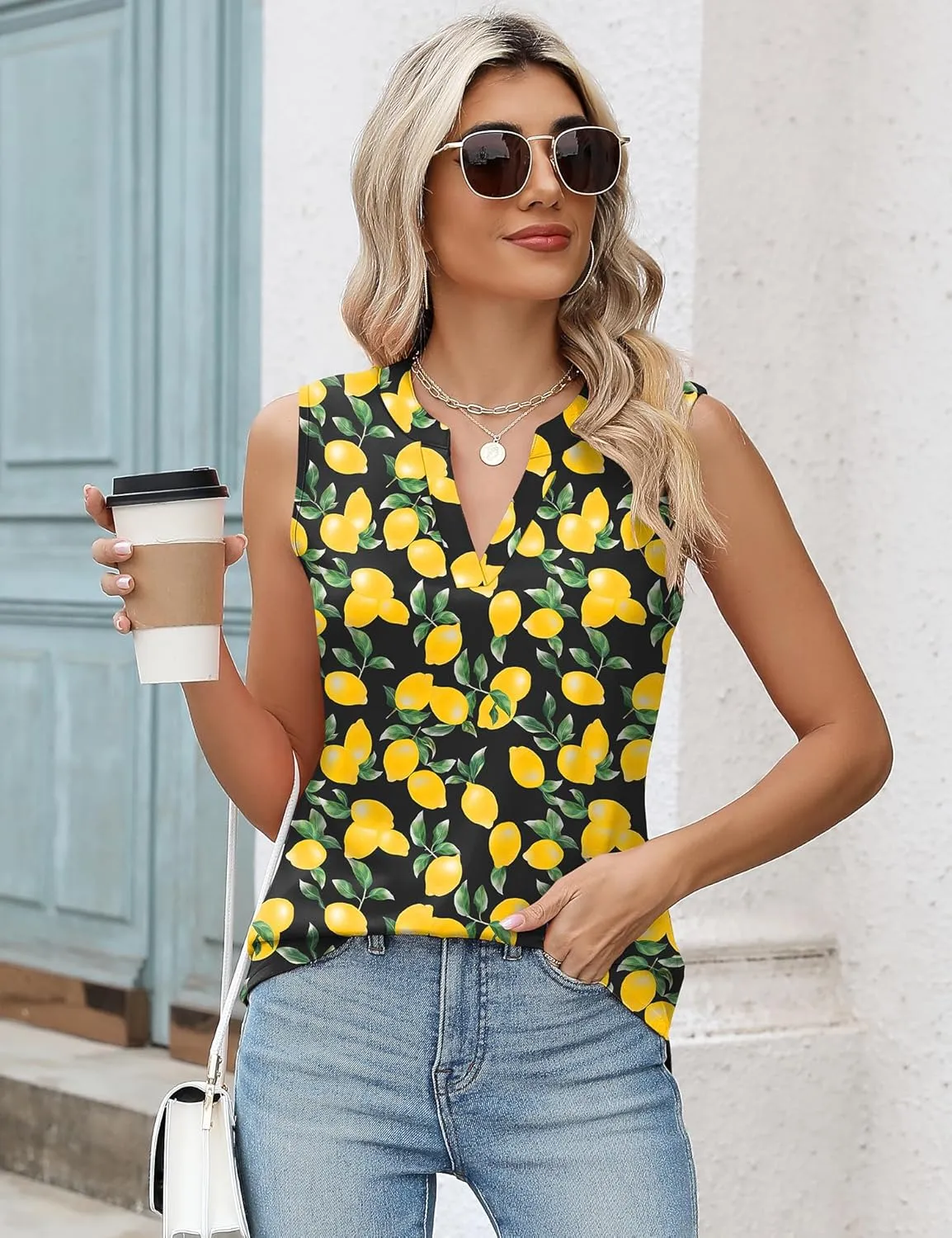 Romanstii Sleeveless Shirts for Women Casual Summer V Neck Tank Tops Dressy Blouses Tunic