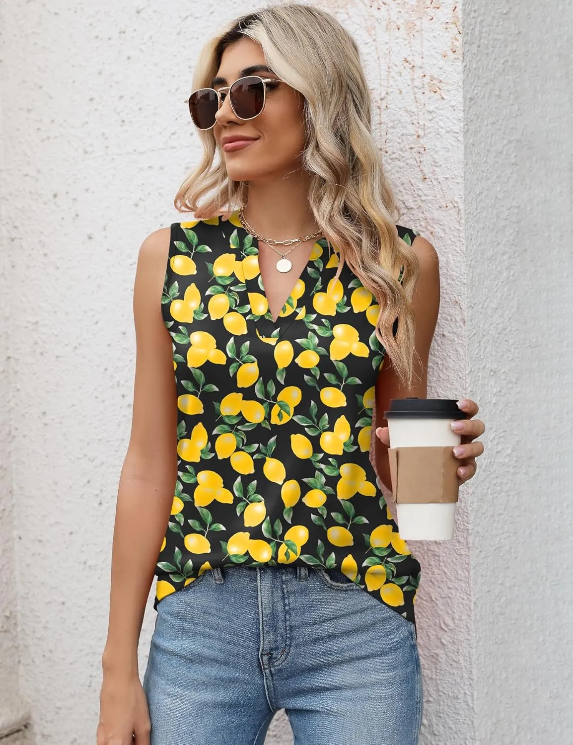 Romanstii Sleeveless Shirts for Women Casual Summer V Neck Tank Tops Dressy Blouses Tunic
