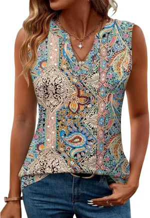 Romanstii Sleeveless Shirts for Women Casual Summer V Neck Tank Tops Dressy Blouses Tunic