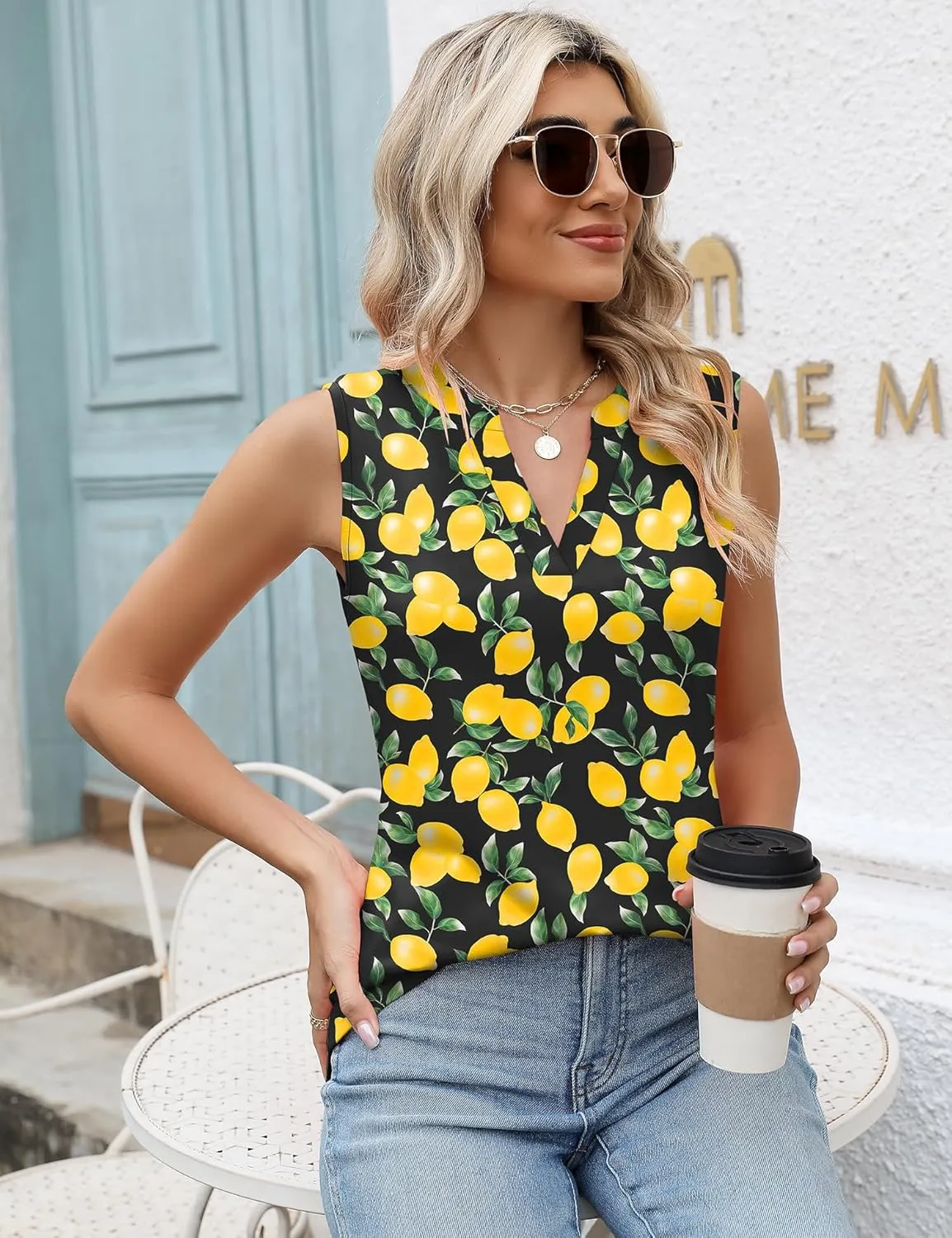 Romanstii Sleeveless Shirts for Women Casual Summer V Neck Tank Tops Dressy Blouses Tunic