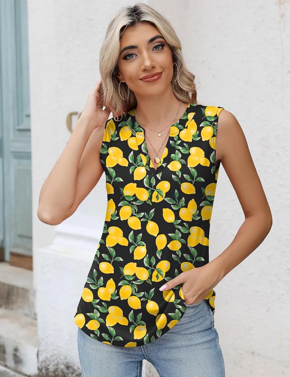 Romanstii Sleeveless Shirts for Women Casual Summer V Neck Tank Tops Dressy Blouses Tunic