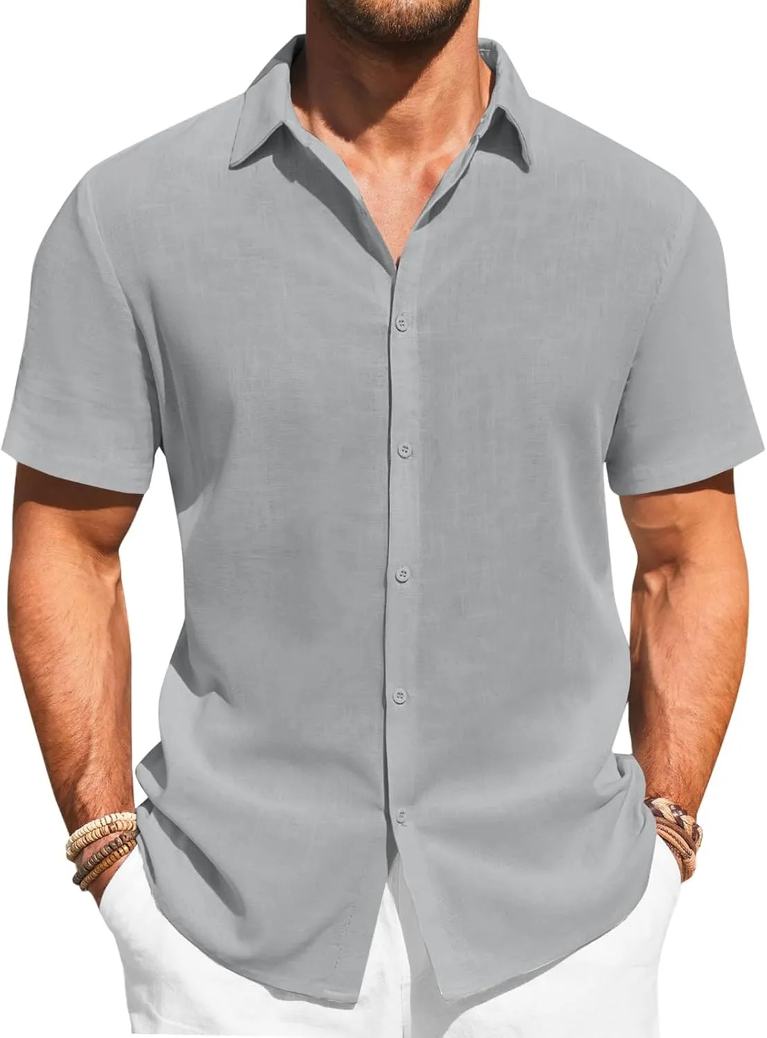 Runcati Mens Button Down Shirts Casual Short Sleeve Beach Shirt Summer Cotton Linen Lightweight Hippie Tops