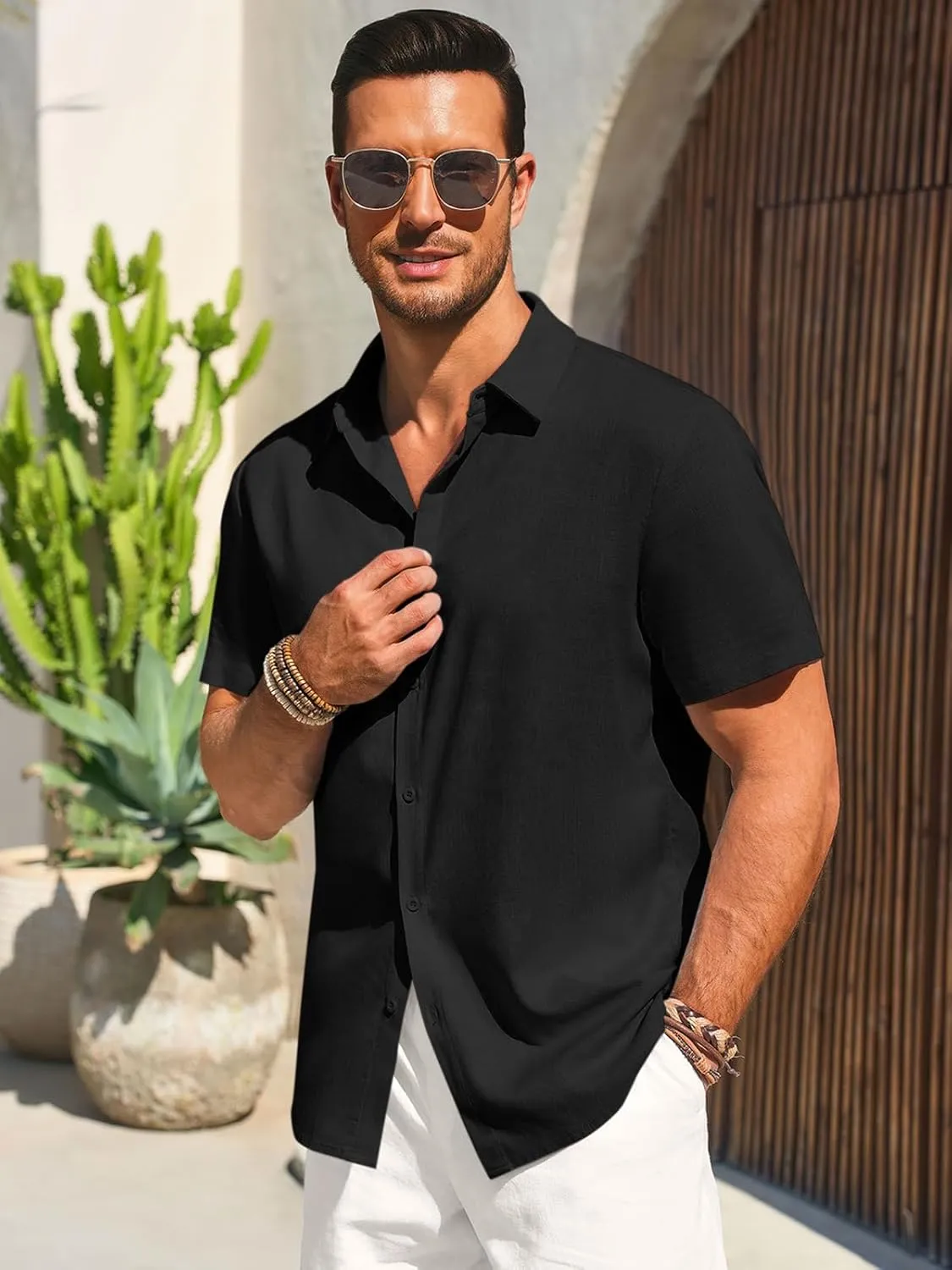 Runcati Mens Button Down Shirts Casual Short Sleeve Beach Shirt Summer Cotton Linen Lightweight Hippie Tops