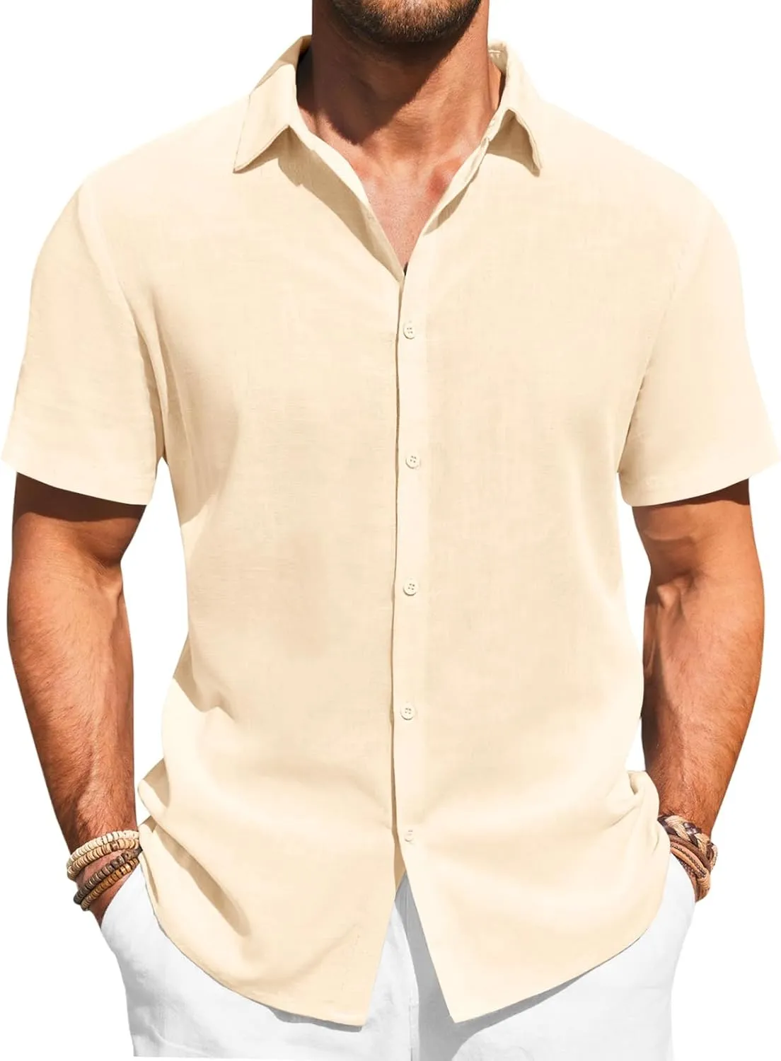 Runcati Mens Button Down Shirts Casual Short Sleeve Beach Shirt Summer Cotton Linen Lightweight Hippie Tops