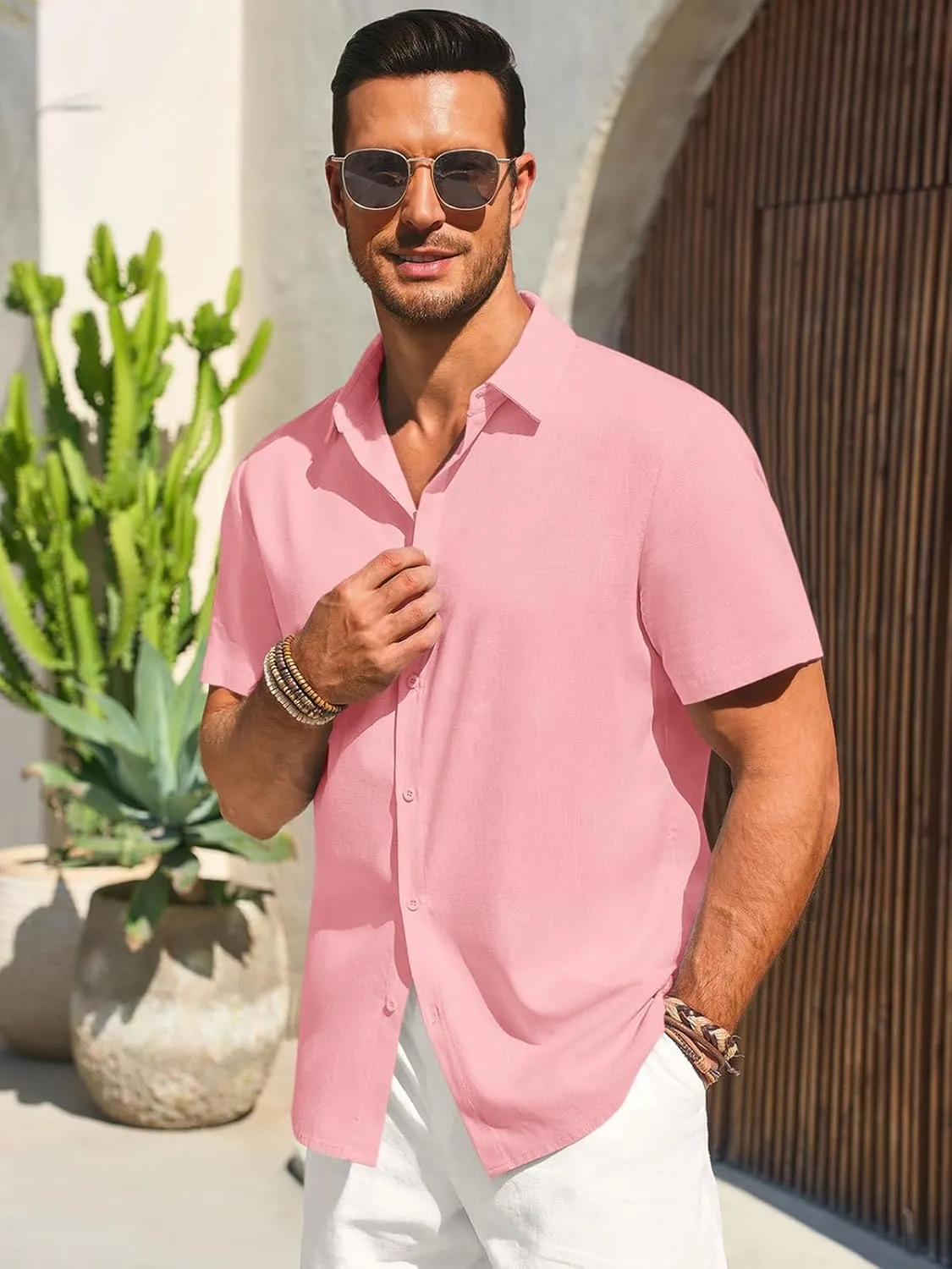 Runcati Mens Button Down Shirts Casual Short Sleeve Beach Shirt Summer Cotton Linen Lightweight Hippie Tops