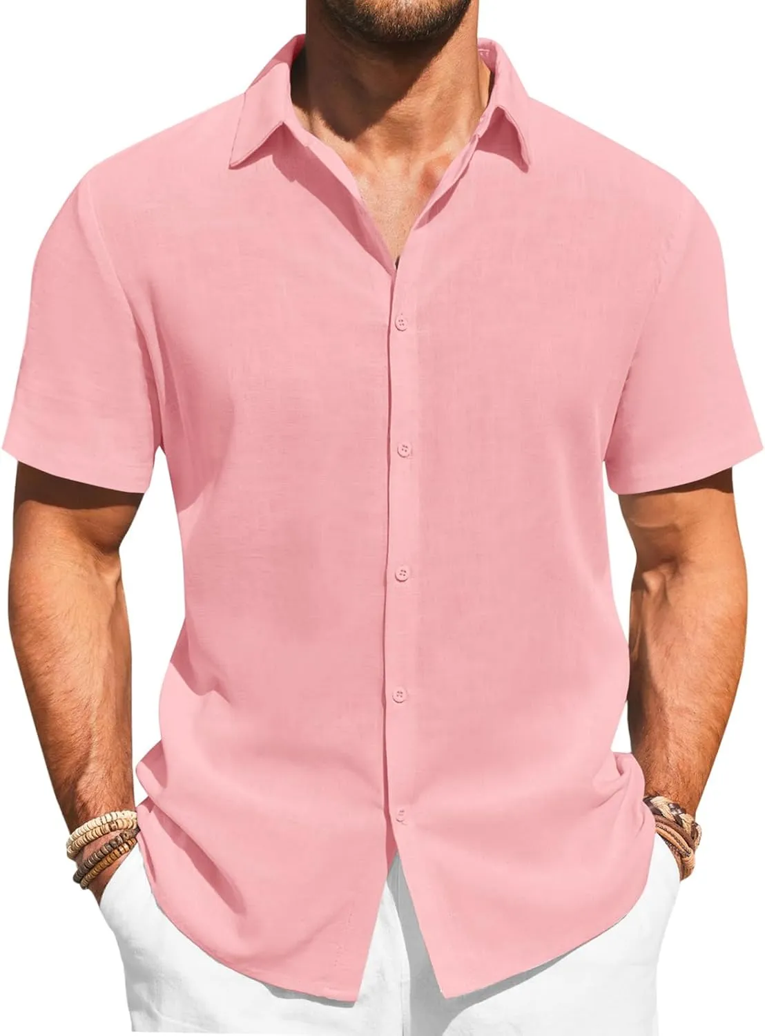 Runcati Mens Button Down Shirts Casual Short Sleeve Beach Shirt Summer Cotton Linen Lightweight Hippie Tops