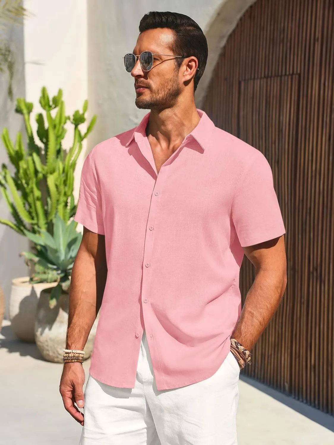 Runcati Mens Button Down Shirts Casual Short Sleeve Beach Shirt Summer Cotton Linen Lightweight Hippie Tops