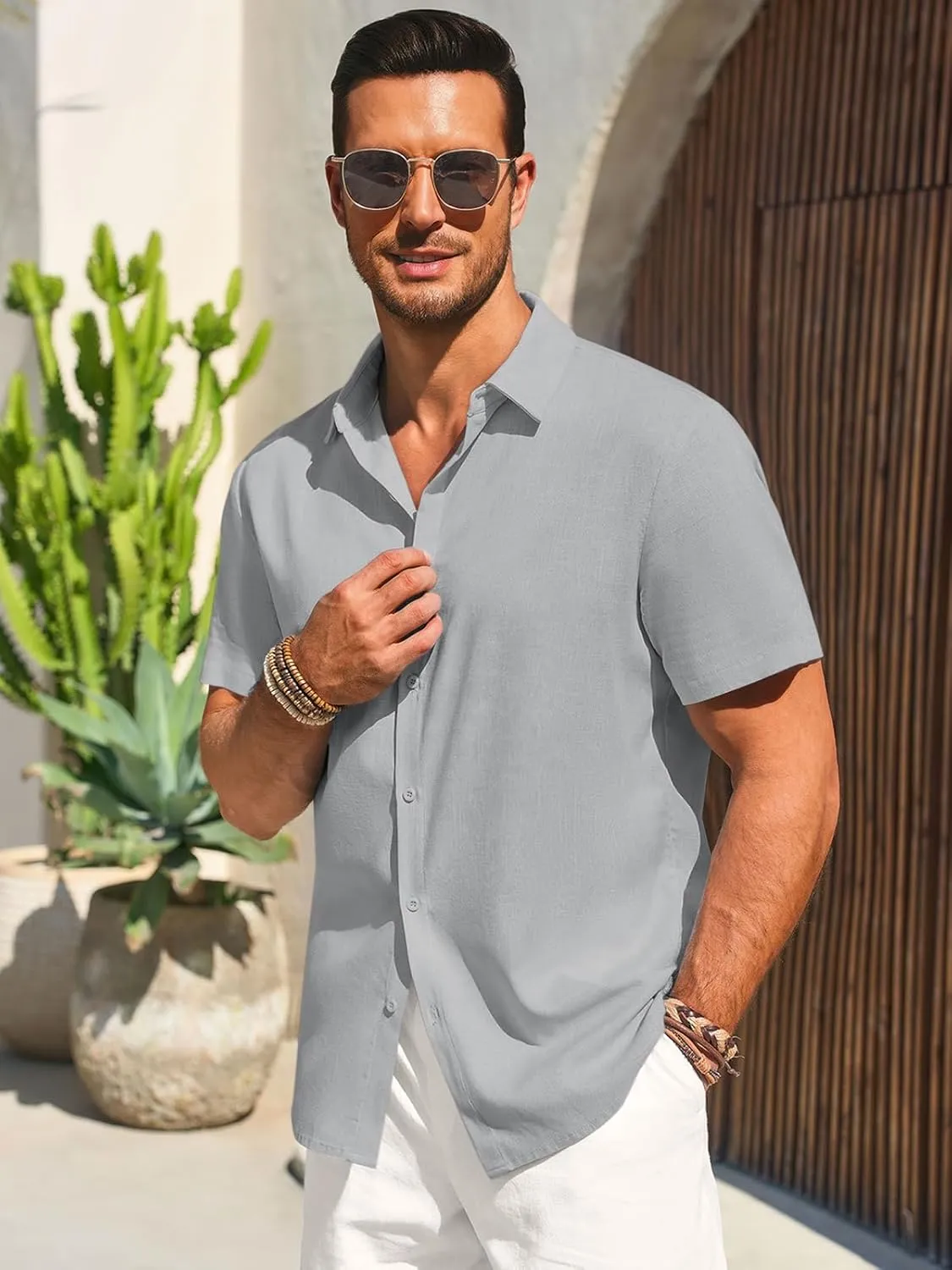 Runcati Mens Button Down Shirts Casual Short Sleeve Beach Shirt Summer Cotton Linen Lightweight Hippie Tops