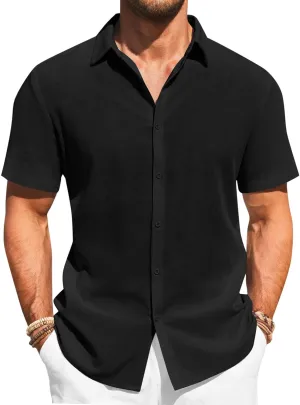 Runcati Mens Button Down Shirts Casual Short Sleeve Beach Shirt Summer Cotton Linen Lightweight Hippie Tops