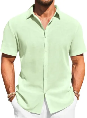 Runcati Mens Button Down Shirts Casual Short Sleeve Beach Shirt Summer Cotton Linen Lightweight Hippie Tops