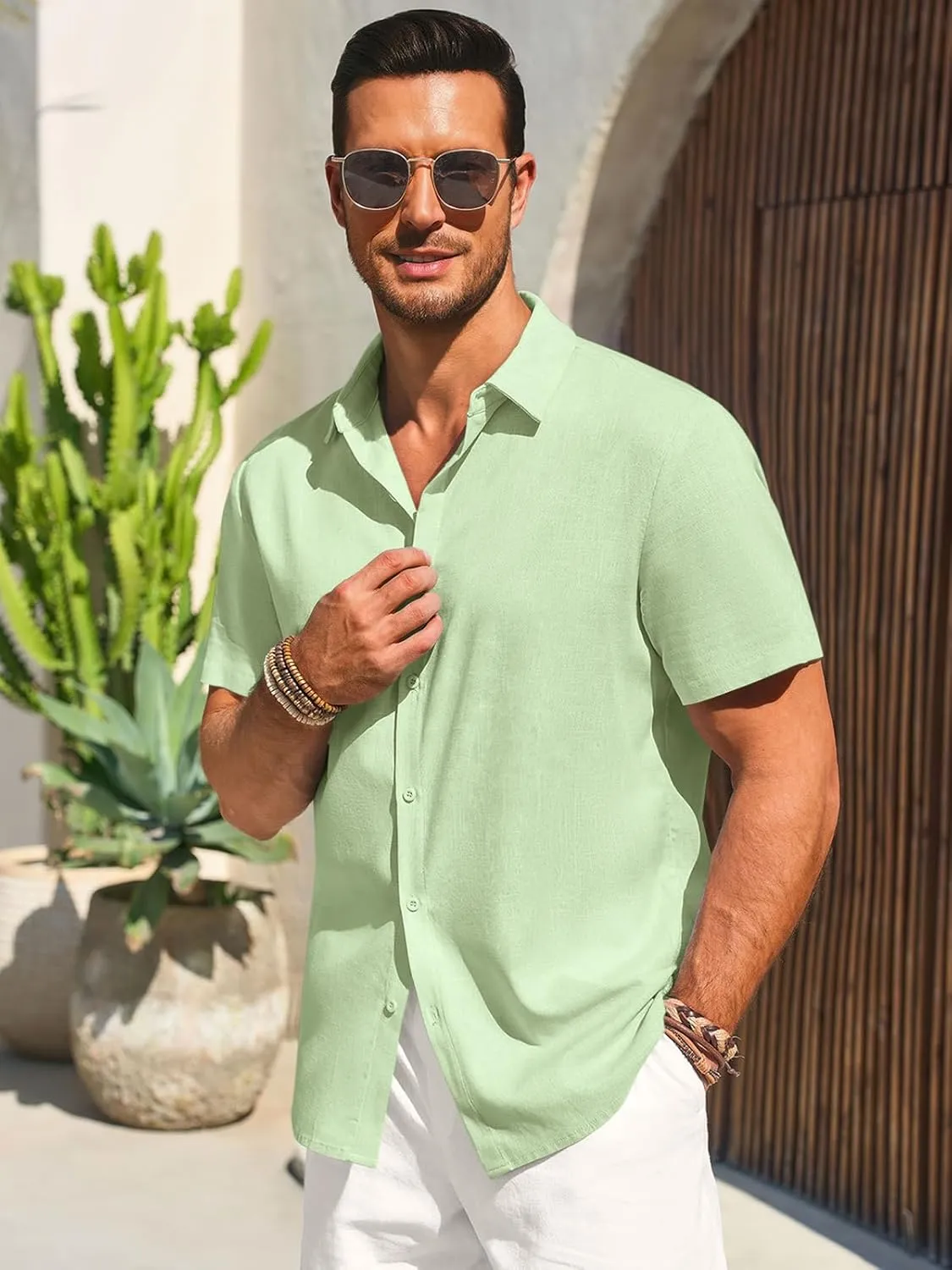 Runcati Mens Button Down Shirts Casual Short Sleeve Beach Shirt Summer Cotton Linen Lightweight Hippie Tops