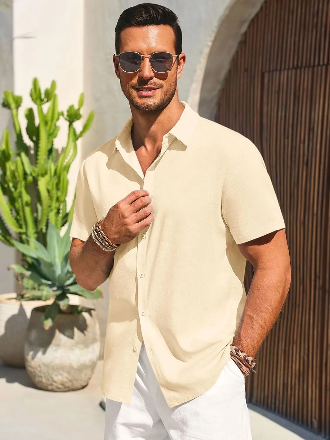 Runcati Mens Button Down Shirts Casual Short Sleeve Beach Shirt Summer Cotton Linen Lightweight Hippie Tops