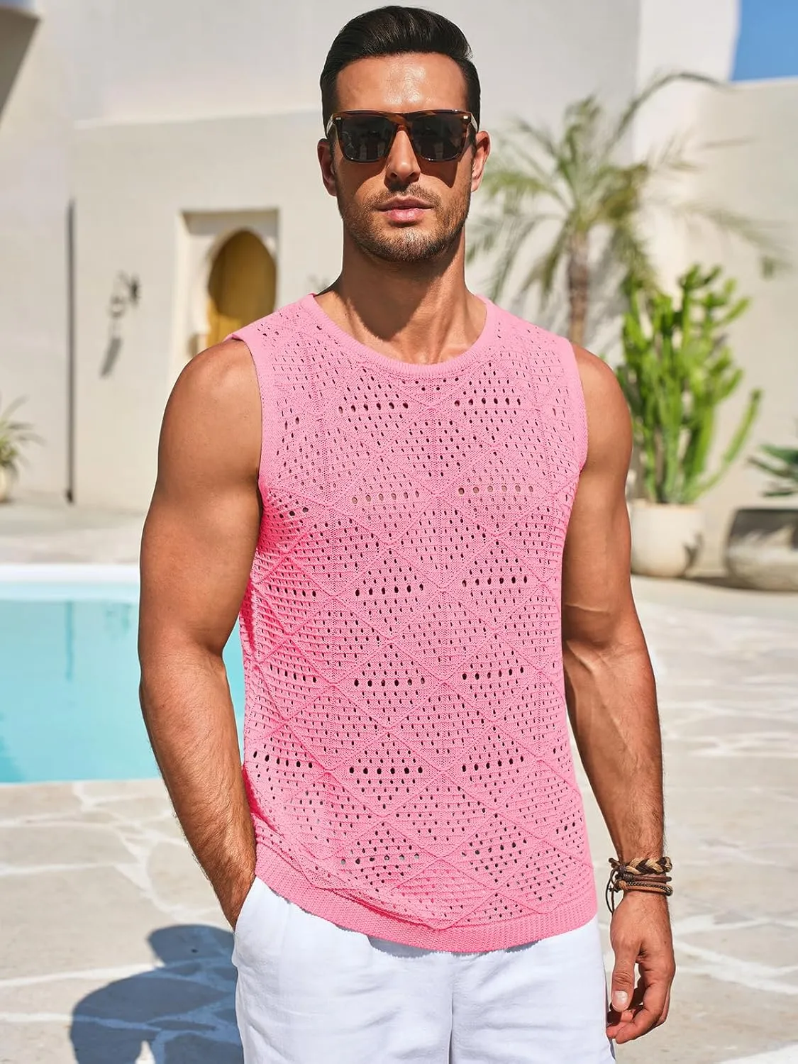 Runcati Mens Knitted Tank Tops Casual Sleeveless Hollow Out Crochet T-Shirts Muscle Summer Beach Hippie Shirts