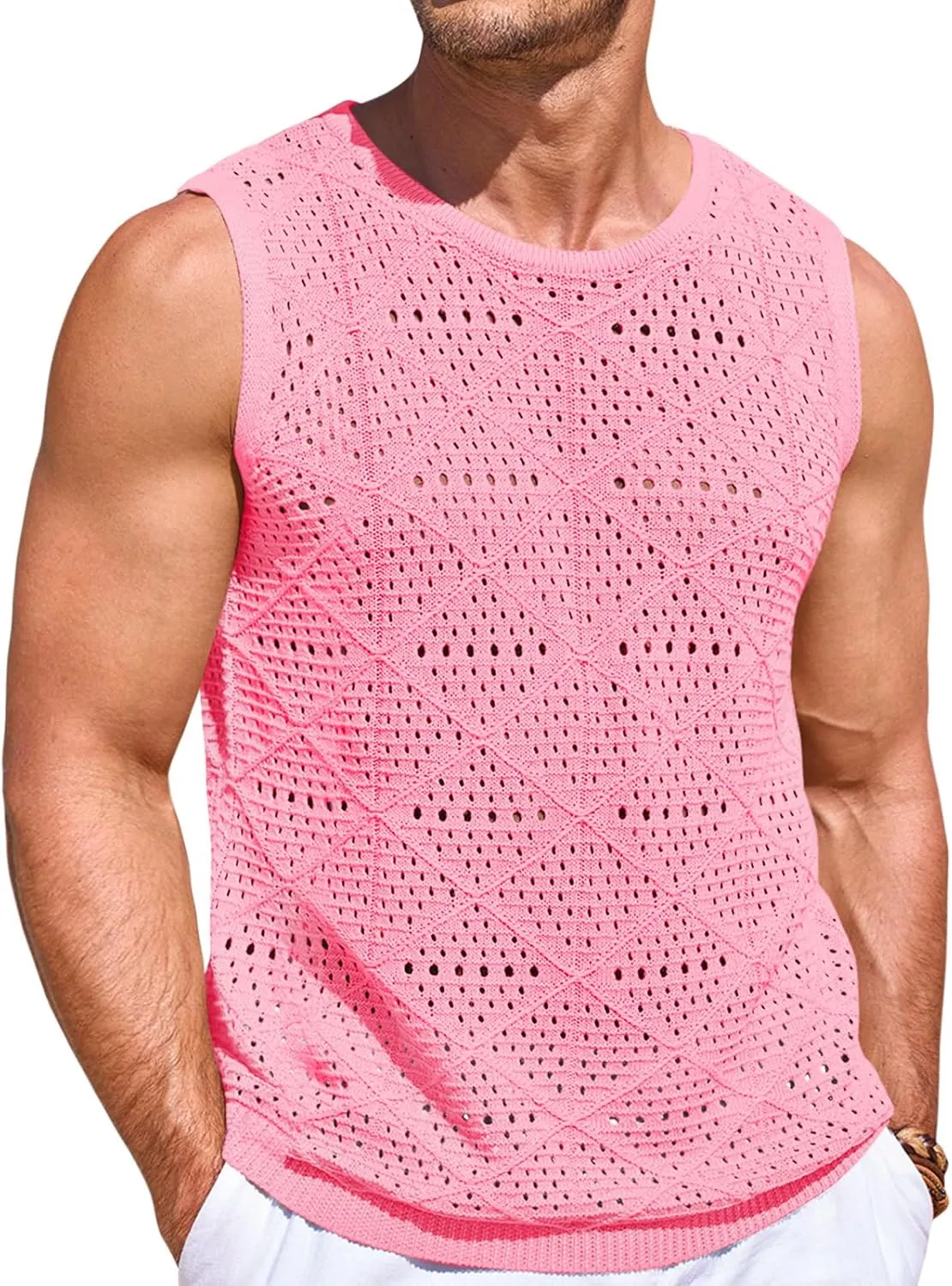 Runcati Mens Knitted Tank Tops Casual Sleeveless Hollow Out Crochet T-Shirts Muscle Summer Beach Hippie Shirts