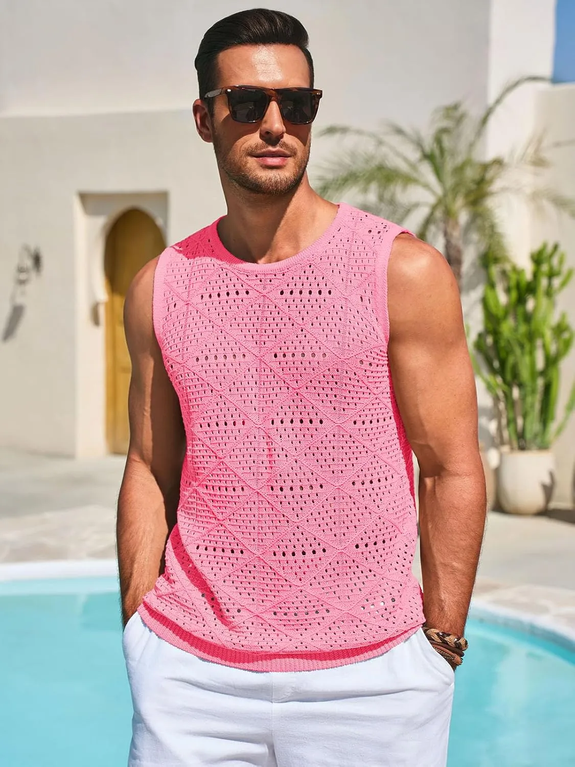 Runcati Mens Knitted Tank Tops Casual Sleeveless Hollow Out Crochet T-Shirts Muscle Summer Beach Hippie Shirts