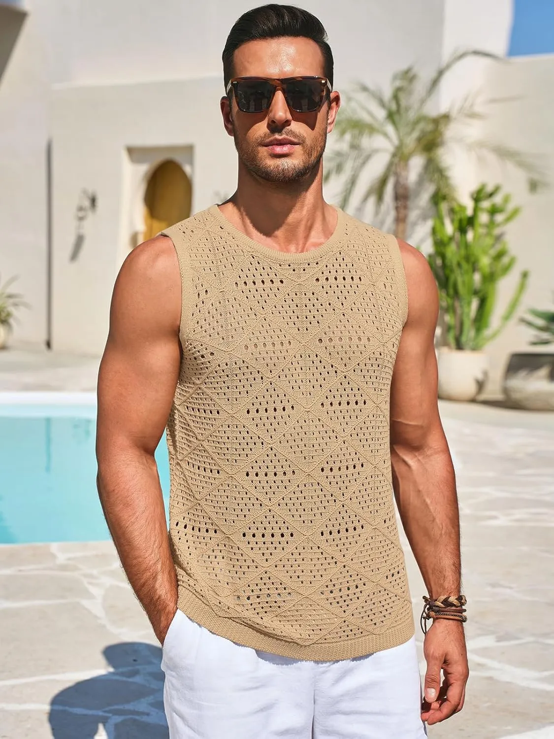 Runcati Mens Knitted Tank Tops Casual Sleeveless Hollow Out Crochet T-Shirts Muscle Summer Beach Hippie Shirts