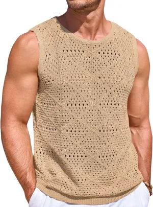 Runcati Mens Knitted Tank Tops Casual Sleeveless Hollow Out Crochet T-Shirts Muscle Summer Beach Hippie Shirts