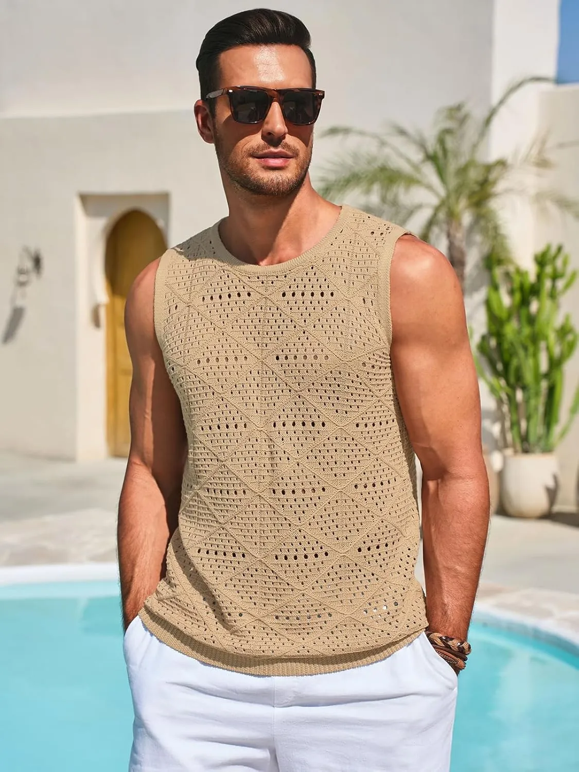 Runcati Mens Knitted Tank Tops Casual Sleeveless Hollow Out Crochet T-Shirts Muscle Summer Beach Hippie Shirts