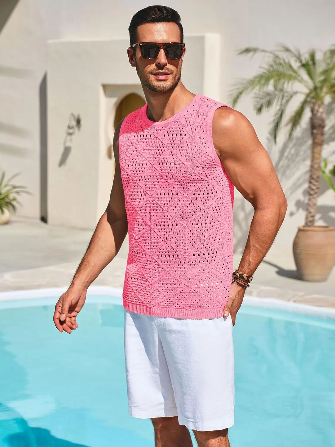 Runcati Mens Knitted Tank Tops Casual Sleeveless Hollow Out Crochet T-Shirts Muscle Summer Beach Hippie Shirts