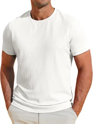 Runcati Mens Short Sleeve T Shirts Casual Crewneck Ribbed Knit Tee Tops Slim Fit Basic Stretch Summer Shirt