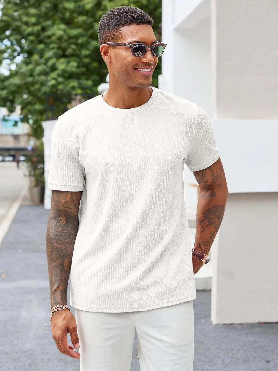 Runcati Mens Short Sleeve T Shirts Casual Crewneck Ribbed Knit Tee Tops Slim Fit Basic Stretch Summer Shirt