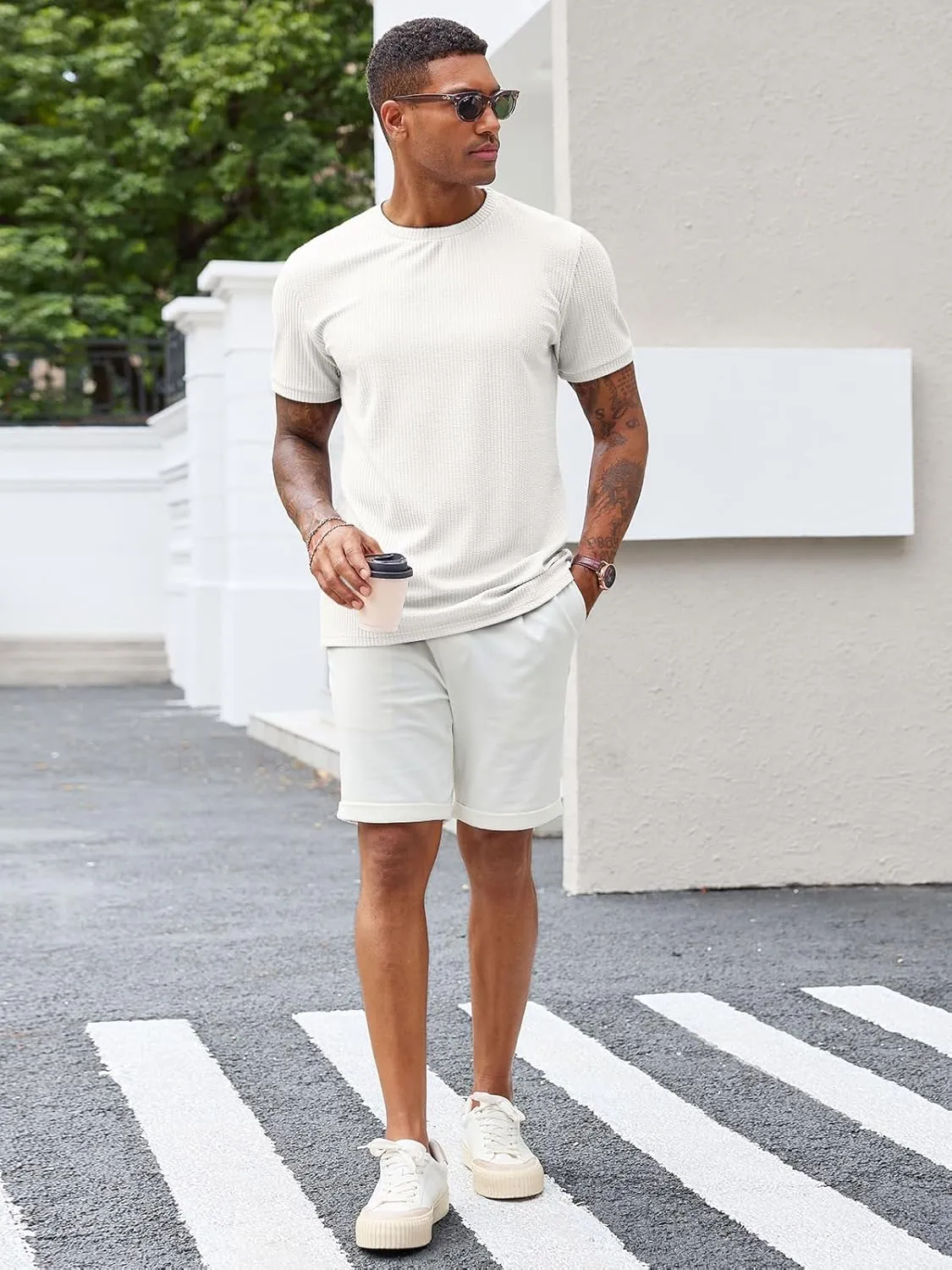 Runcati Mens Short Sleeve T Shirts Casual Crewneck Ribbed Knit Tee Tops Slim Fit Basic Stretch Summer Shirt